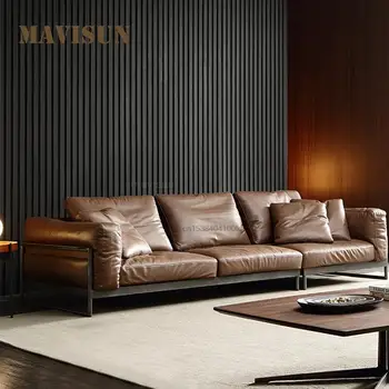Итальянский Минималистичный Кожаный диван Loveseat для гостиной, Современный коричневый диван с деревянным каркасом, Латексный диван на пуху, мебель 190 см