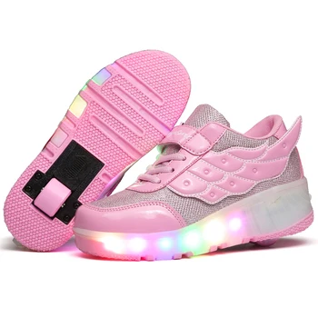 Детские Светящиеся кроссовки, Кроссовки со светодиодной подсветкой, Роликовые коньки, Спортивная светящаяся обувь с подсветкой для детей, мальчиков, Розовый, черный
