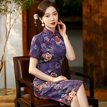 2022 Осенний Новый Фиолетовый Чонсам с разрезом средней длины, Персонализированный Цветок Пион, Модифицированное вечернее платье Ципао в китайском стиле для женщин