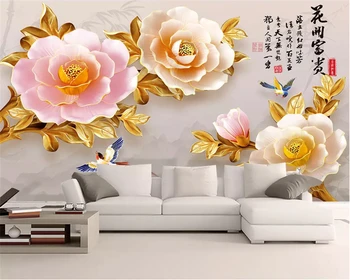 beibehang Классический размер, обои с 3D тиснеными цветами, сочный пион, новый китайский фон для телевизора, обои для домашнего декора