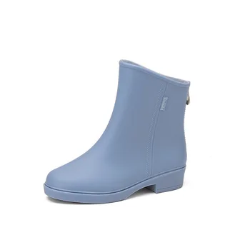 Новые женские модные непромокаемые сапоги из ПВХ на щиколотке, водонепроницаемые непромокаемые ботинки с застежкой-молнией сзади, нескользящая водонепроницаемая обувь, резиновые сапоги для улицы
