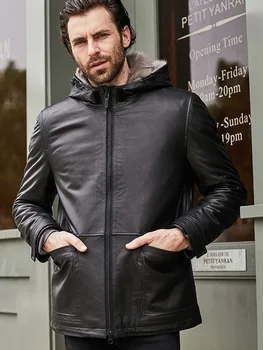 Новое мужское пальто из воловьей кожи, норковое пальто, черная кожаная куртка С капюшоном, зимняя верхняя одежда