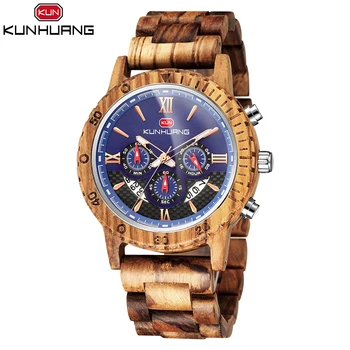 Часы KUNHUANG, мужские деревянные роскошные кварцевые часы, многофункциональные модные деревянные часы, хронограф, мужские часы