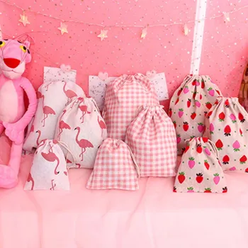 1 шт. хлопковая льняная дорожная сумка для хранения с рисунком Фламинго и клубники ручной работы, сумка на шнурке, Женская маленькая тканевая сумка, мешочек