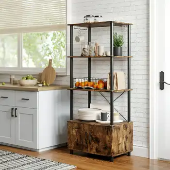 4-ярусная стойка для выпечки с деревянным шкафом, коричневый в деревенском стиле, большая емкость для хранения