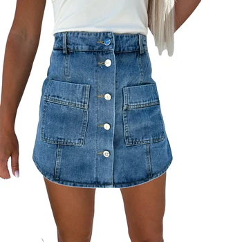 Женские Джинсовые мини-юбки, Винтажные джинсовые юбки на пуговицах с завышенной талией и передним карманом, уличная одежда