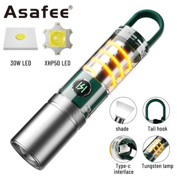 Asafee, открытый кемпинг, сильный свет, 30 Вт, светодиодный фонарик, зарядка типа C, встроенный аккумулятор, Многофункциональный фонарь для кемпинга