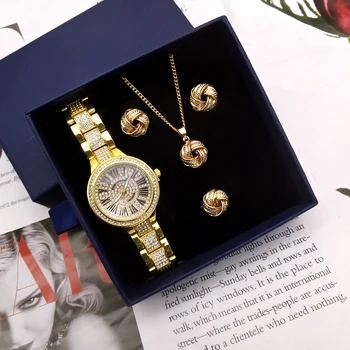 4 шт./компл. Модные Золотые женские кварцевые часы с бриллиантами Простые женские часы Геометрические Серьги Ожерелье кольцо Комплект ювелирных изделий с коробкой