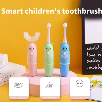 Детская U-образная Электрическая Зубная щетка с вибрацией, Силиконовая щетка на батарейках, Водонепроницаемая детская зубная щетка + 4 сменные головки