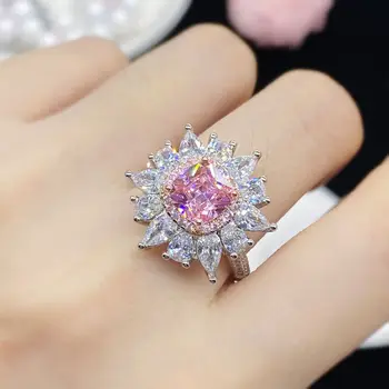 Серебро 925 пробы, имитация цветоделения с высоким темпераментом, Розовый турмалин, Открывающее кольцо с полным бриллиантом Для женщин, Элегантные ювелирные изделия