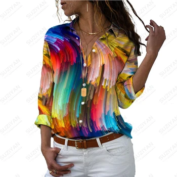 Свободная Женская Рубашка с 3D Принтом в стиле Харадзюку на Пуговицах с Длинным рукавом и V-образным вырезом, Окрашенный Цветной Галстук, Окрашенный Модный Элегантный Топ Для Девочек Размера Плюс