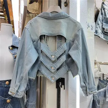 Джинсовая куртка с открытой спиной для женщин Fried Street 2023, Новые короткие топы Y2k, Синие джинсовые пальто, куртки с высокой талией