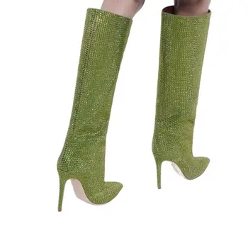 Зеленые Сапоги до колена с Декором в виде кристаллов, Однотонная Женская Обувь с острым носком на тонком Каблуке, Туфли на высоком Каблуке 2023, Zapatos Para Mujere