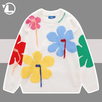 Вязаный свитер с цветами и кисточками Для мужчин и женщин, Harajuku, пуловер Оверсайз с яркими цветами, Мужской осенне-зимний повседневный джемпер для колледжа