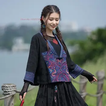 2023 ретро хлопковый льняной кардиган hanfu с этнической цветочной вышивкой, короткое пальто, женский винтажный костюм эпохи тан, восточная традиционная куртка