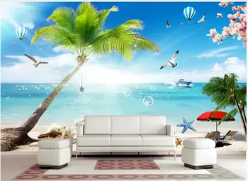 3d обои на заказ фото Приморская кокосовая пальма голубое небо белое облако пляжный пейзаж декор 3d настенные фрески обои для стен 3 d