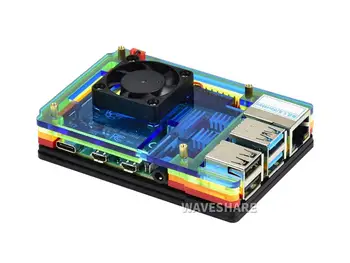 Акриловый чехол Waveshare для Raspberry Pi 4 с охлаждающим вентилятором Красочного радужного черного/белого цвета