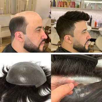 Мужские парики из индийских человеческих волос, парик из искусственной кожи, Мужской Капиллярный протез, Система замены блока волос, Парик из кусочков волос для мужчин