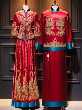 Мужские Красные Свадебные платья Невесты в традиционном китайском стиле с изысканными блестками, Халат Феникс Чонсам