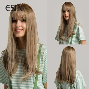 Синтетический парик ESIN Темные корни, Омбре, Коричневые Длинные прямые Парики с челкой, Реалистичная имитация боковой части головы