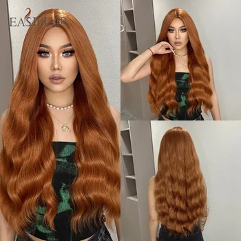 EASIHAIR Коричнево-Оранжевые Парики из синтетических волос для женщин с длинной волной воды, кудрявый парик из натуральных волос, термостойкие парики для косплея, вечерние