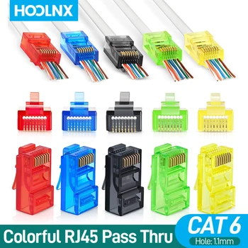Hoolnx CAT6 Сквозной разъем RJ45 Модульные штекеры Красочные концы Ethernet Сетевые разъемы UTP 15μ Позолоченные 50 шт