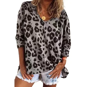 Летние футболки с леопардовым принтом для женщин, повседневная одежда с V-образным вырезом, свободные тонкие топы с длинными рукавами
