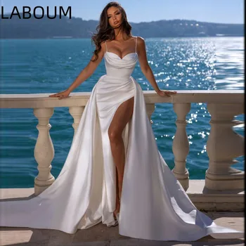 LaBoum Простые Свадебные платья Для женщин Со Съемным Шлейфом Свадебные платья Русалка с бретельками-спагетти Атласный Халат с Разрезом