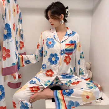 Милый Женский пижамный комплект, Креативная пижама с цветочным принтом, Брючные костюмы, Весна-Осень, Атласная пижама с длинным рукавом, домашняя одежда