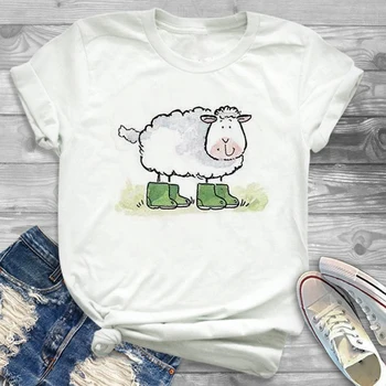 Женские повседневные модные Милые овечки с коротким рукавом и модным принтом, Летние Женские топы, Футболки, футболки, женские футболки.